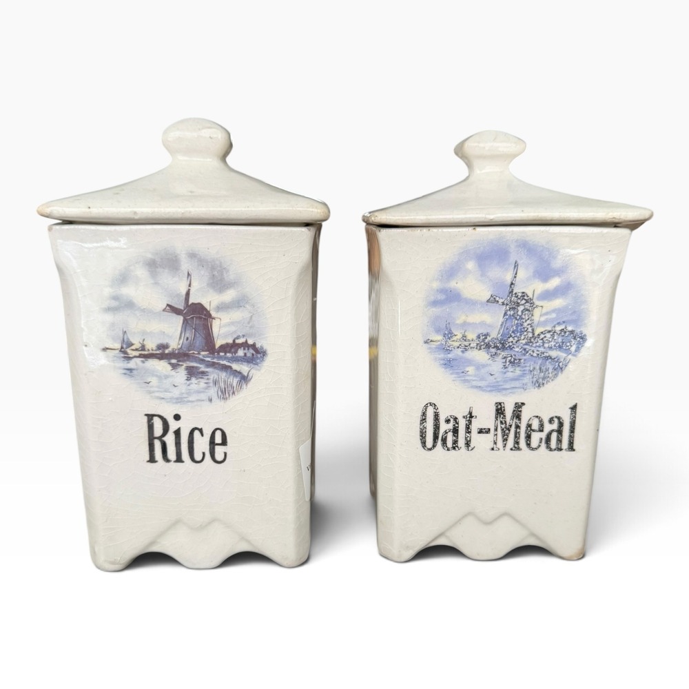 Vintage Ceramic Rice and Oat-Meal Canister Set Blue Windmill Primitive Decor